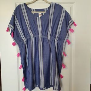 Cat & Jack Girls Cover Up Dress Boho Blue Striped Pink Tassels SIZE Extra Large